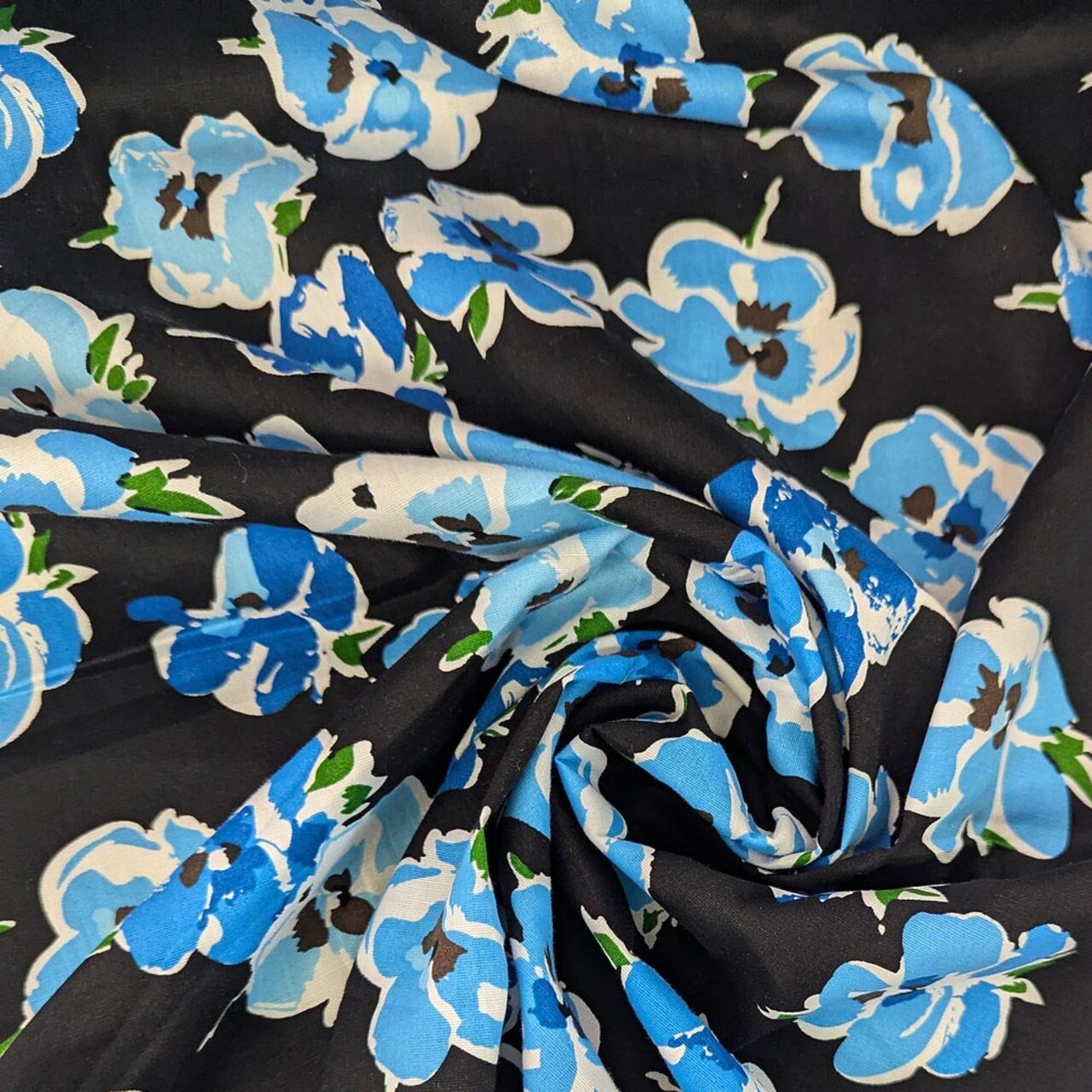 1 Yard Blue Floral 97% cotton and 3% spandex fabric Stretch Print Black Background 46/47 inch Width